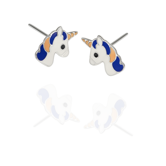 Sterling Silver Unicorn Stud Earrings with Black & Orange Enamel