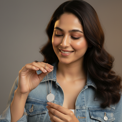 Sterling Silver Reversible Rose & Pavé CZ Round Pendant Necklace