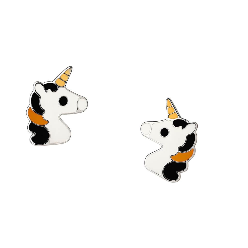 Sterling Silver Unicorn Stud Earrings with Black & Orange Enamel