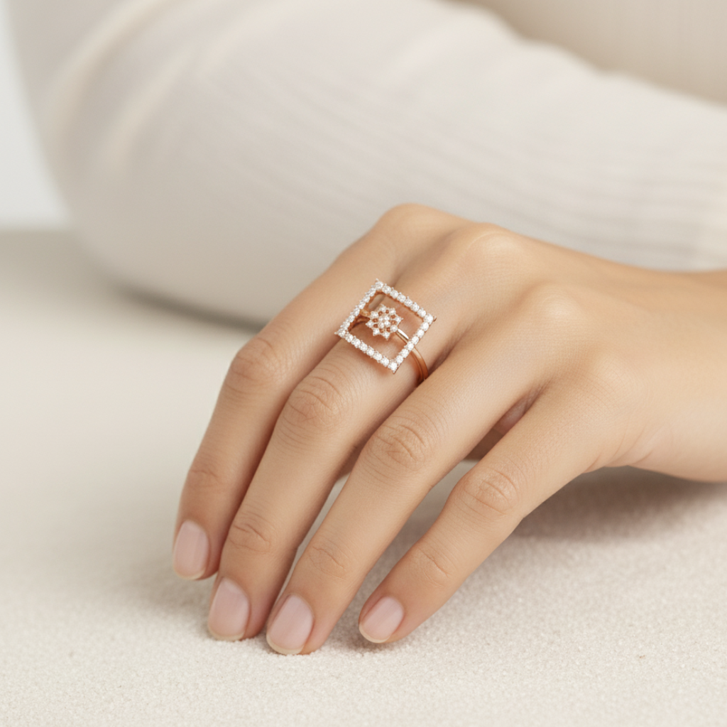 Rose Gold Square Frame Ring with Diamond Cluster Center
