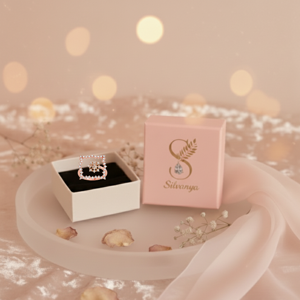 Rose Gold Square Frame Ring with Diamond Cluster Center