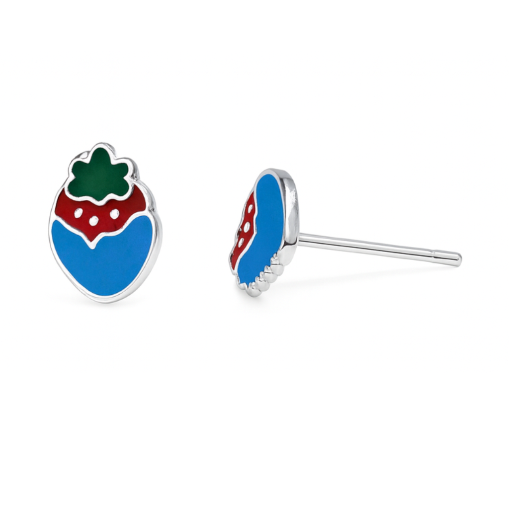 Sterling Silver Strawberry Stud Earrings with Red & Blue Enamel