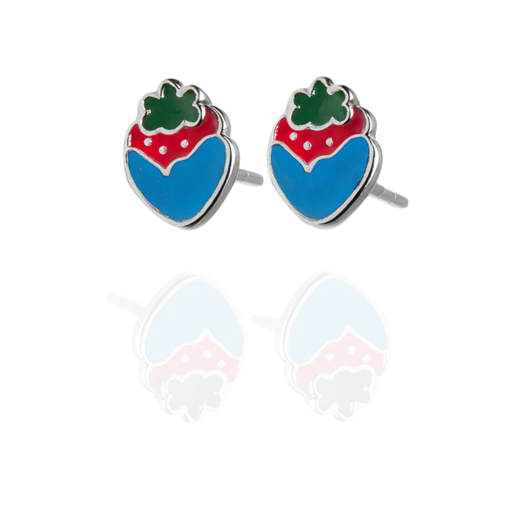 Sterling Silver Strawberry Stud Earrings with Red & Blue Enamel