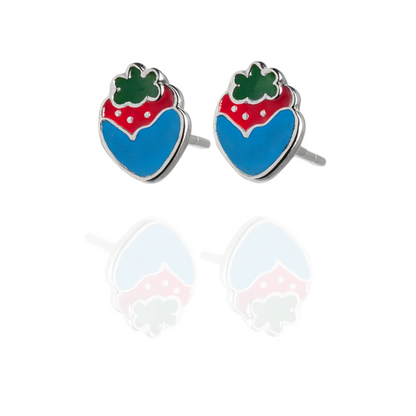 Sterling Silver Strawberry Stud Earrings with Red & Blue Enamel
