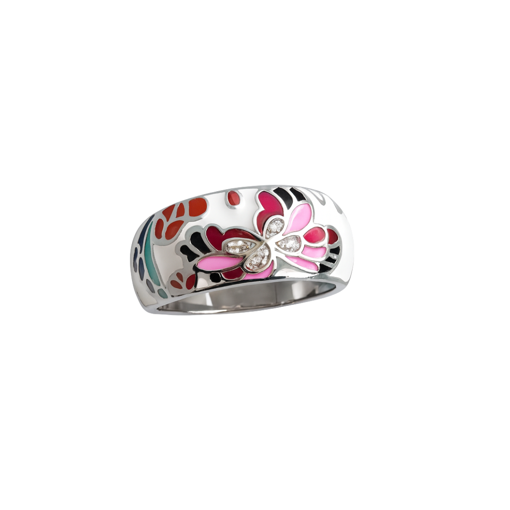 Sterling Silver Enamel Flower Ring with CZ Accents