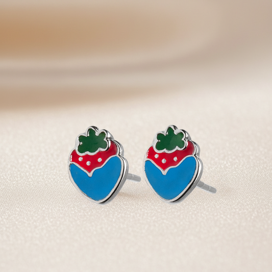Sterling Silver Strawberry Stud Earrings with Red & Blue Enamel