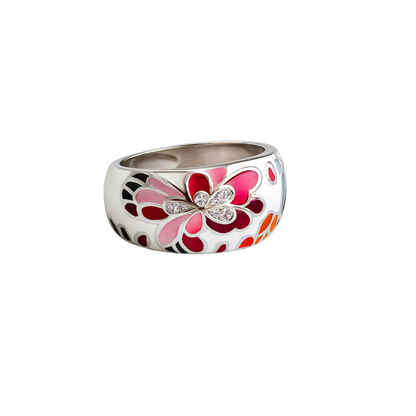 Sterling Silver Enamel Flower Ring with CZ Accents