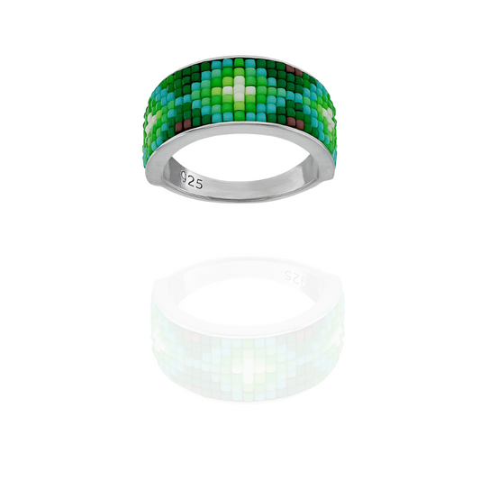 Sterling Silver Wide Band Ring with Green and Brown Seed Bead Inlay