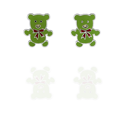 Sterling Silver Teddy Bear Stud Earrings with Green & Red Enamel