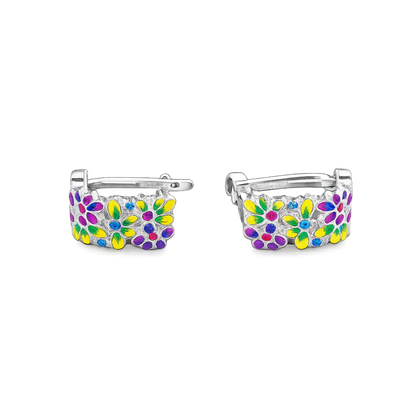 925 sterling silver floral enamel hoop earrings with colorful flower detailing