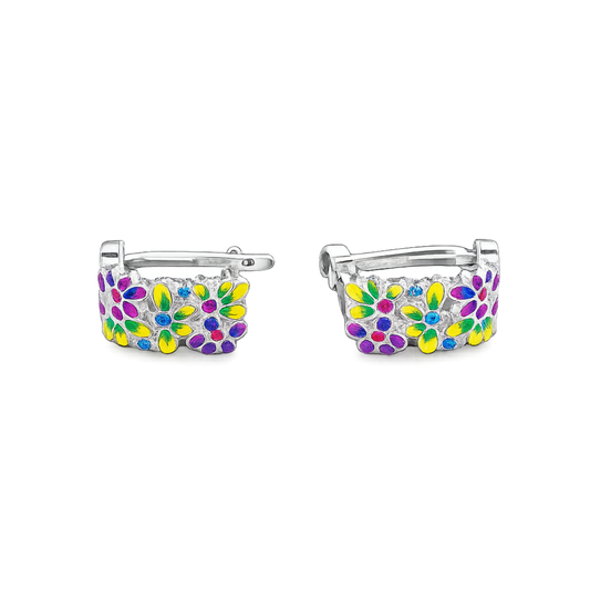 925 sterling silver floral enamel hoop earrings with colorful flower detailing