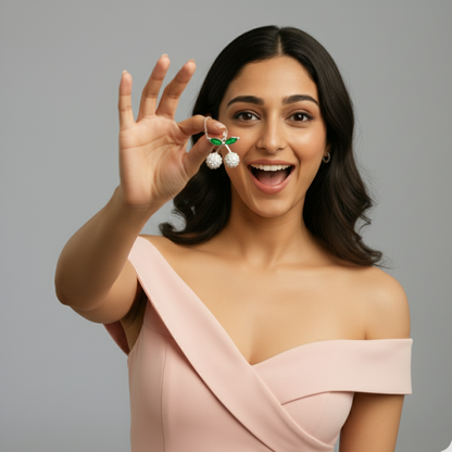 Sterling Silver Cherry Pendant Necklace with CZ Stones & Green Enamel