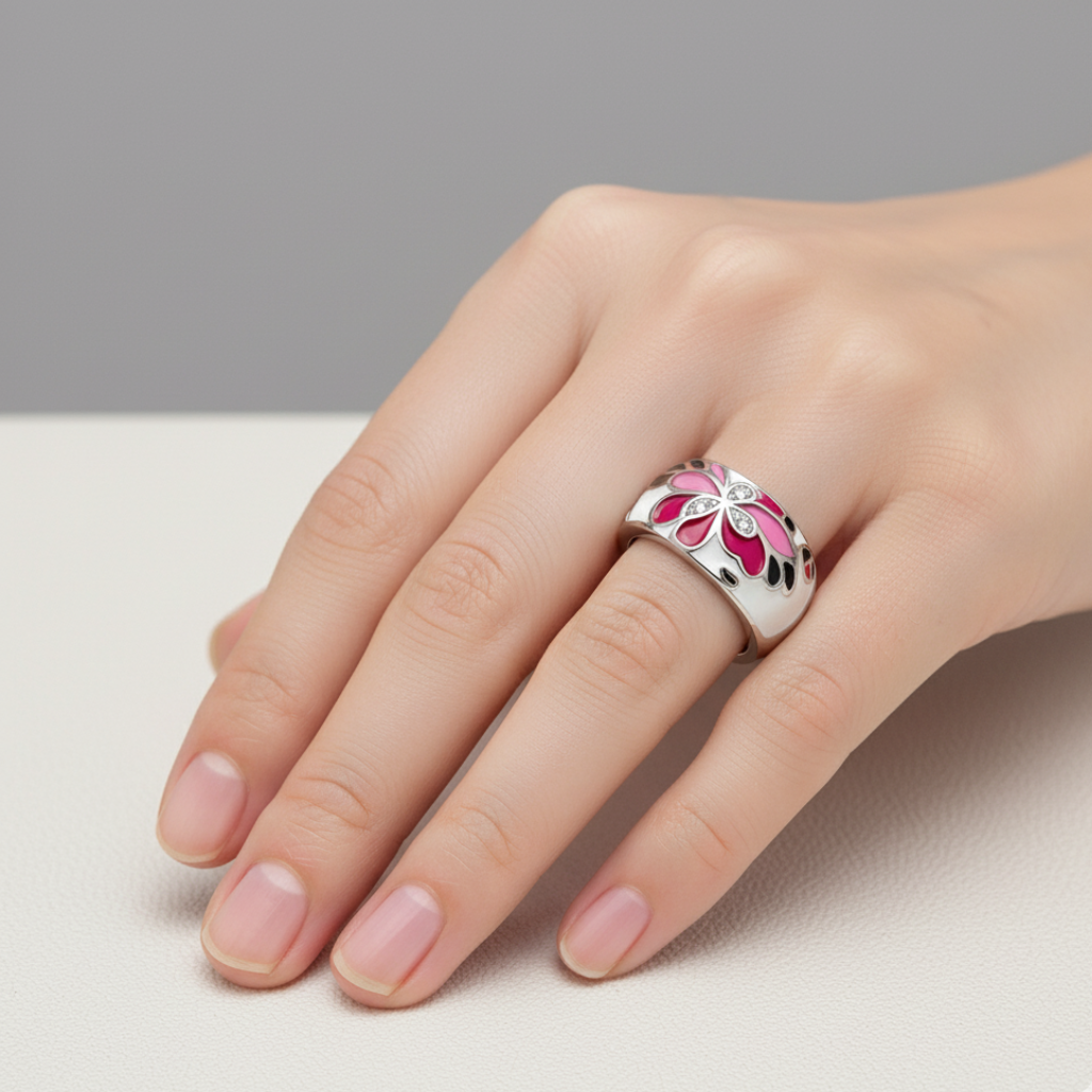 Sterling Silver Enamel Flower Ring with CZ Accents