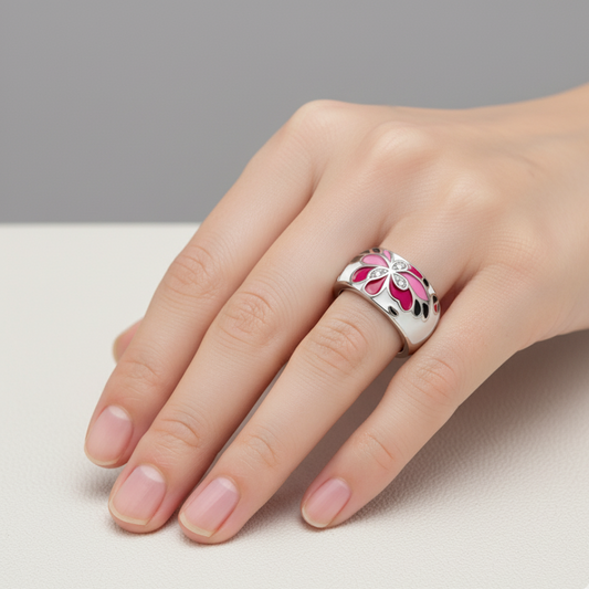 Sterling Silver Enamel Flower Ring with CZ Accents