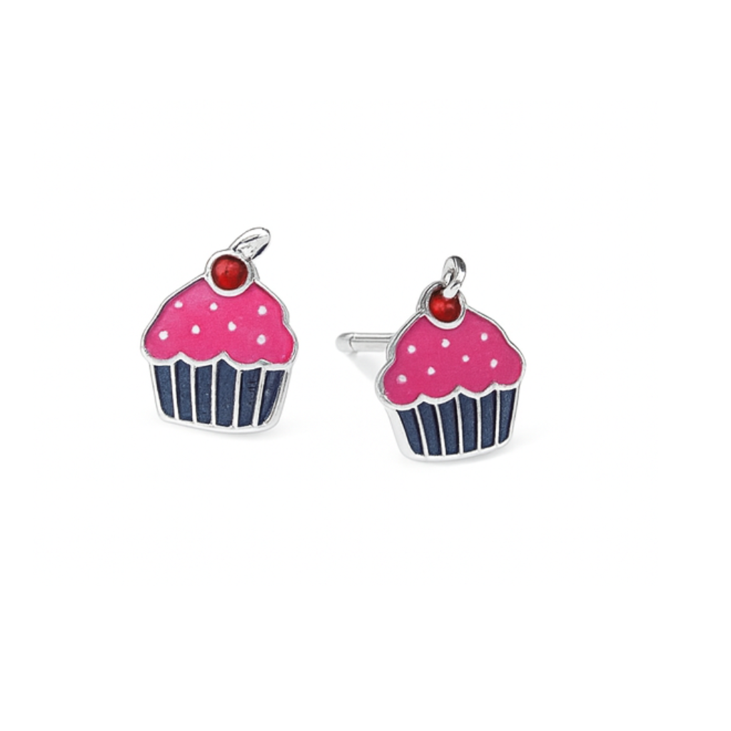 Sterling Silver Cupcake Stud Earrings with Pink Enamel