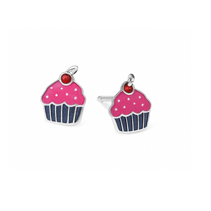Sterling Silver Cupcake Stud Earrings with Pink Enamel