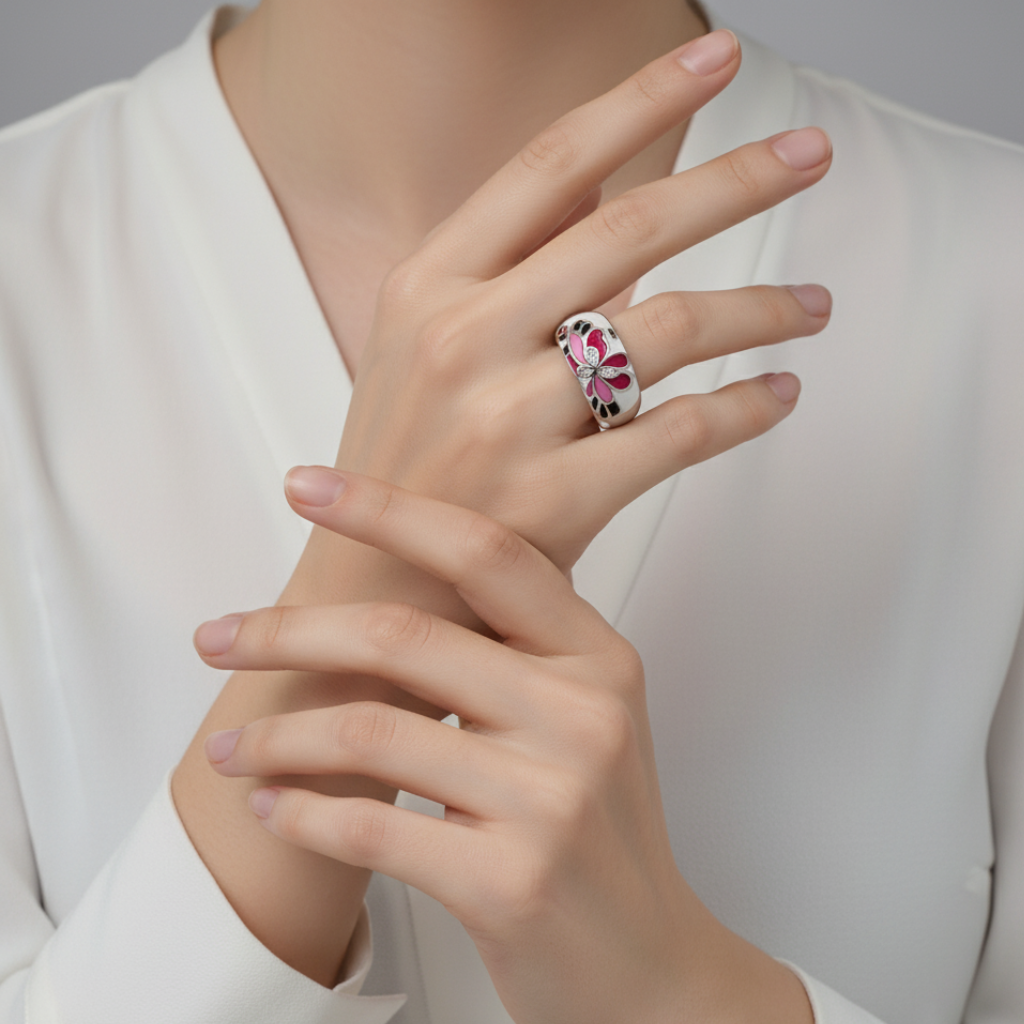 Sterling Silver Enamel Flower Ring with CZ Accents