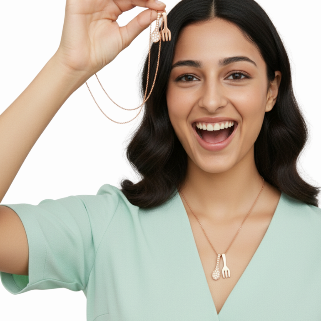 Sterling Silver Rose Gold Color Spoon & Fork Pendant Necklace with CZ! Silvanya