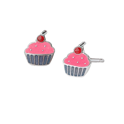 Sterling Silver Cupcake Stud Earrings with Pink Enamel
