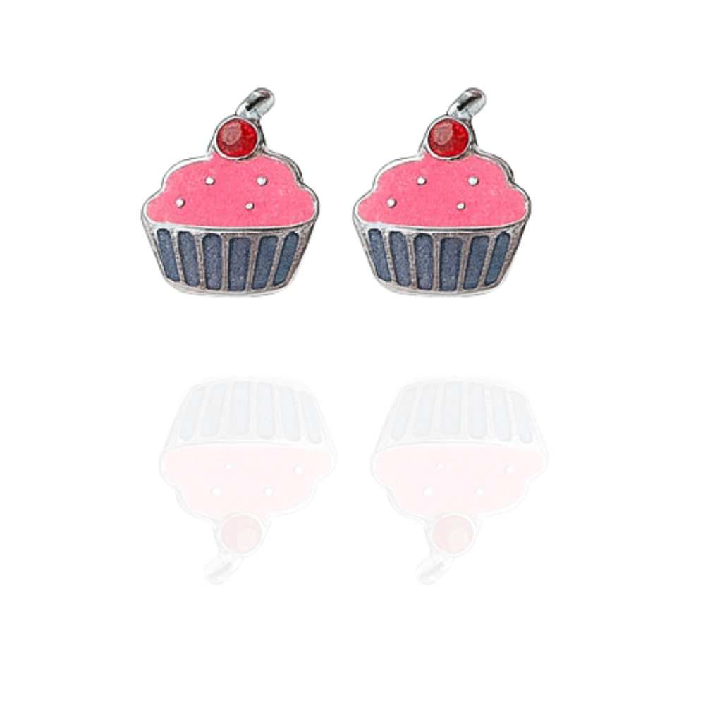 Sterling Silver Cupcake Stud Earrings with Pink Enamel