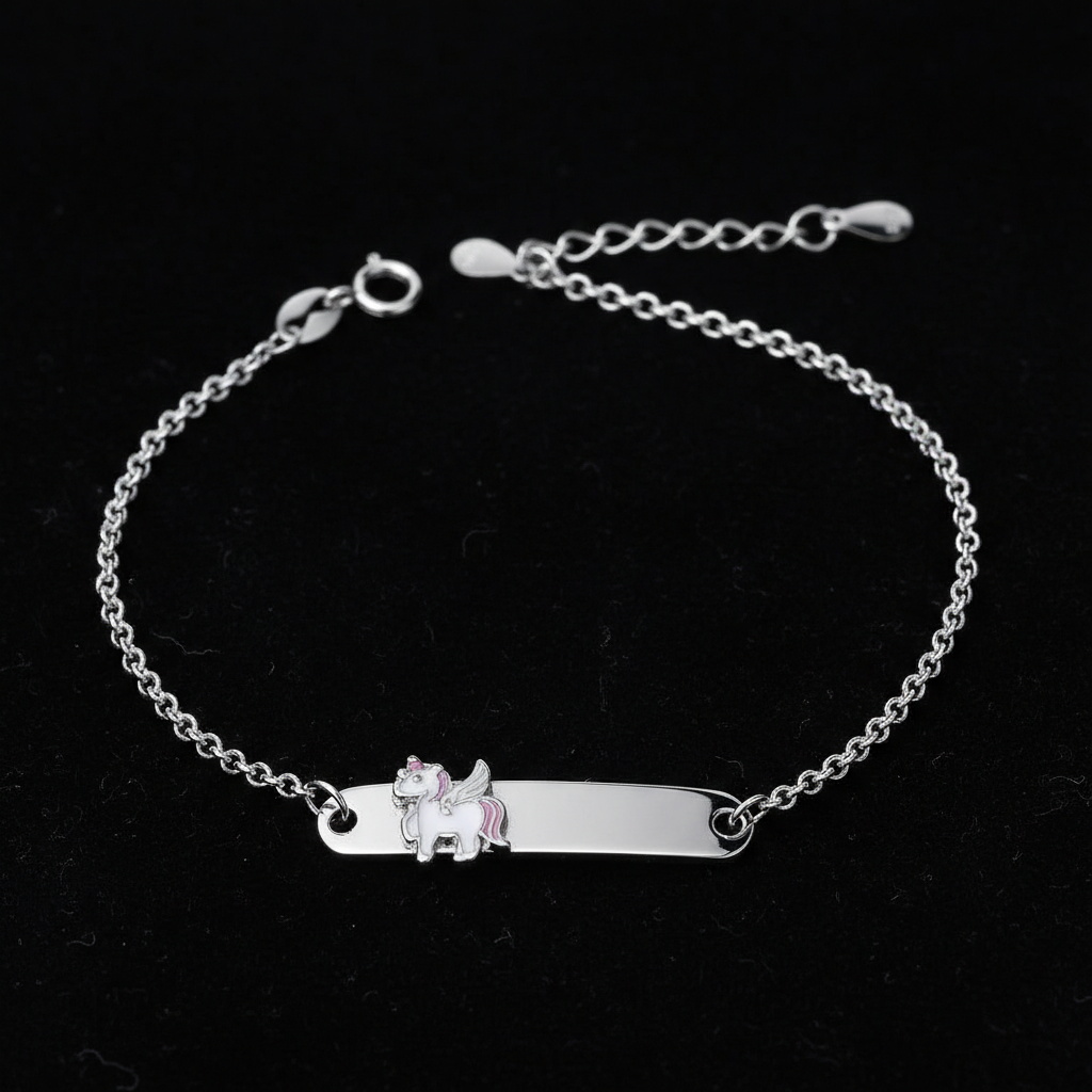 925 Sterling Silver Enamel Name Plate Bracelet- Pink Red