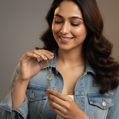 Sterling Silver Reversible Rose & Pavé CZ Round Pendant Necklace