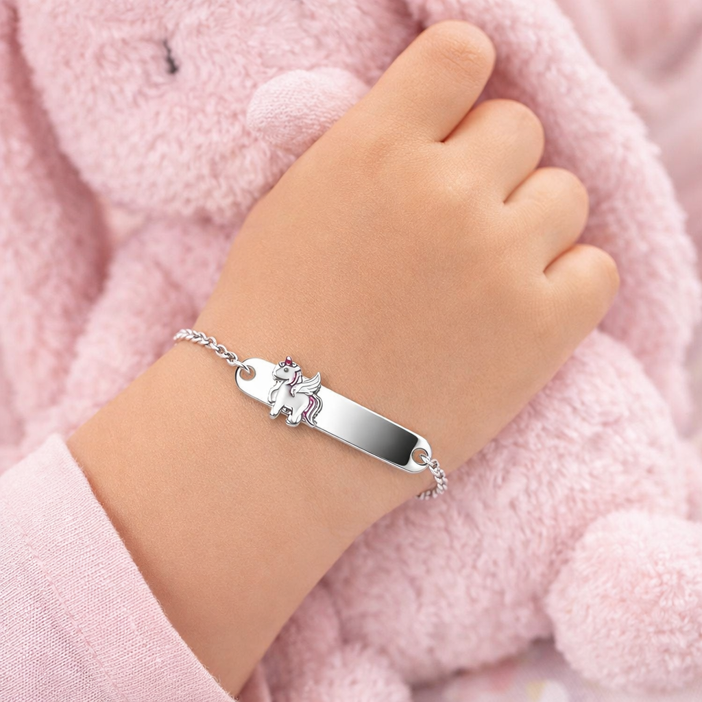 925 Sterling Silver Enamel Name Plate Bracelet- Pink Red