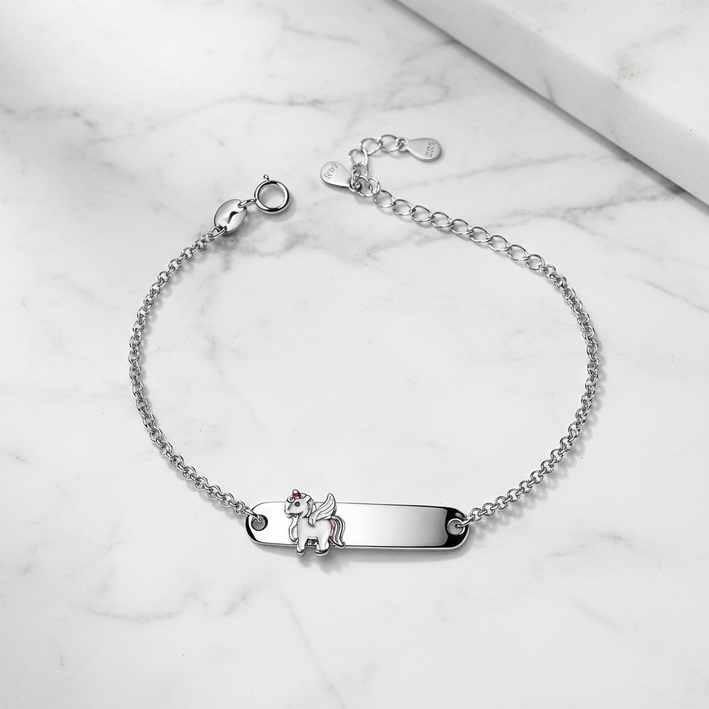 925 Sterling Silver Enamel Name Plate Bracelet- Pink Red