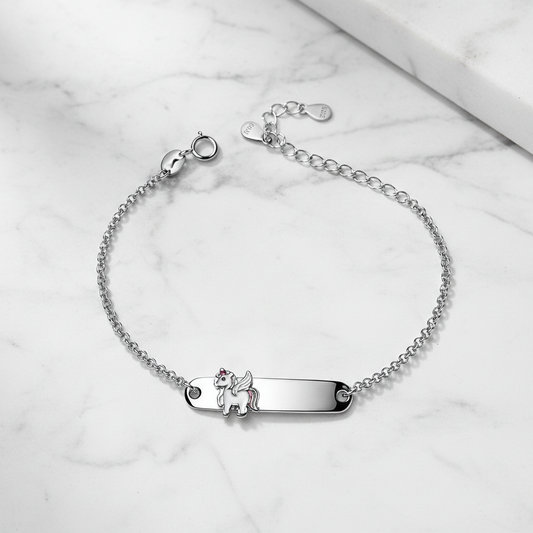 925 Sterling Silver Enamel Name Plate Bracelet- Pink Red