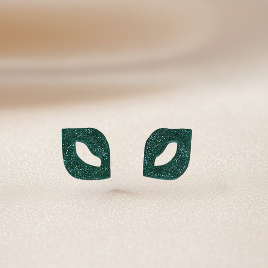 Sterling Silver Green Glitter Leaf Stud Earrings