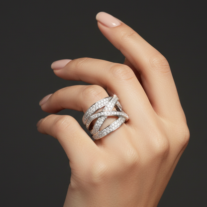 Sterling Silver Crossover CZ Wide Band Ring