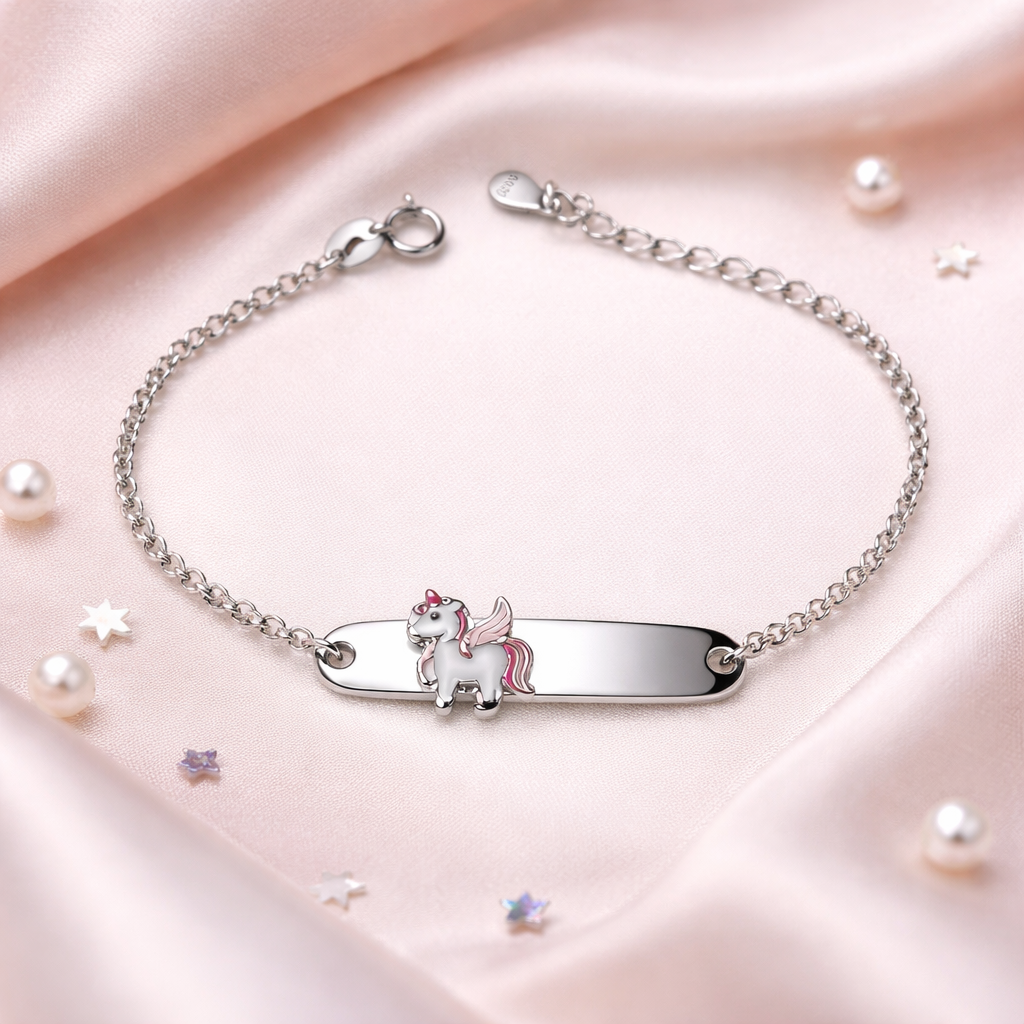 925 Sterling Silver Enamel Name Plate Bracelet- Pink Red