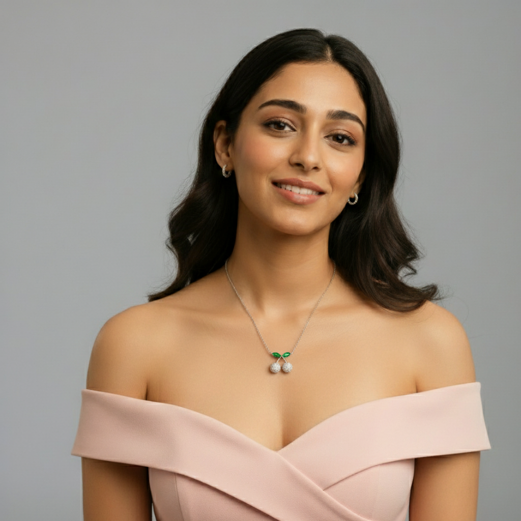 Sterling Silver Cherry Pendant Necklace with CZ Stones & Green Enamel