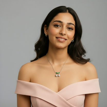 Sterling Silver Cherry Pendant Necklace with CZ Stones & Green Enamel