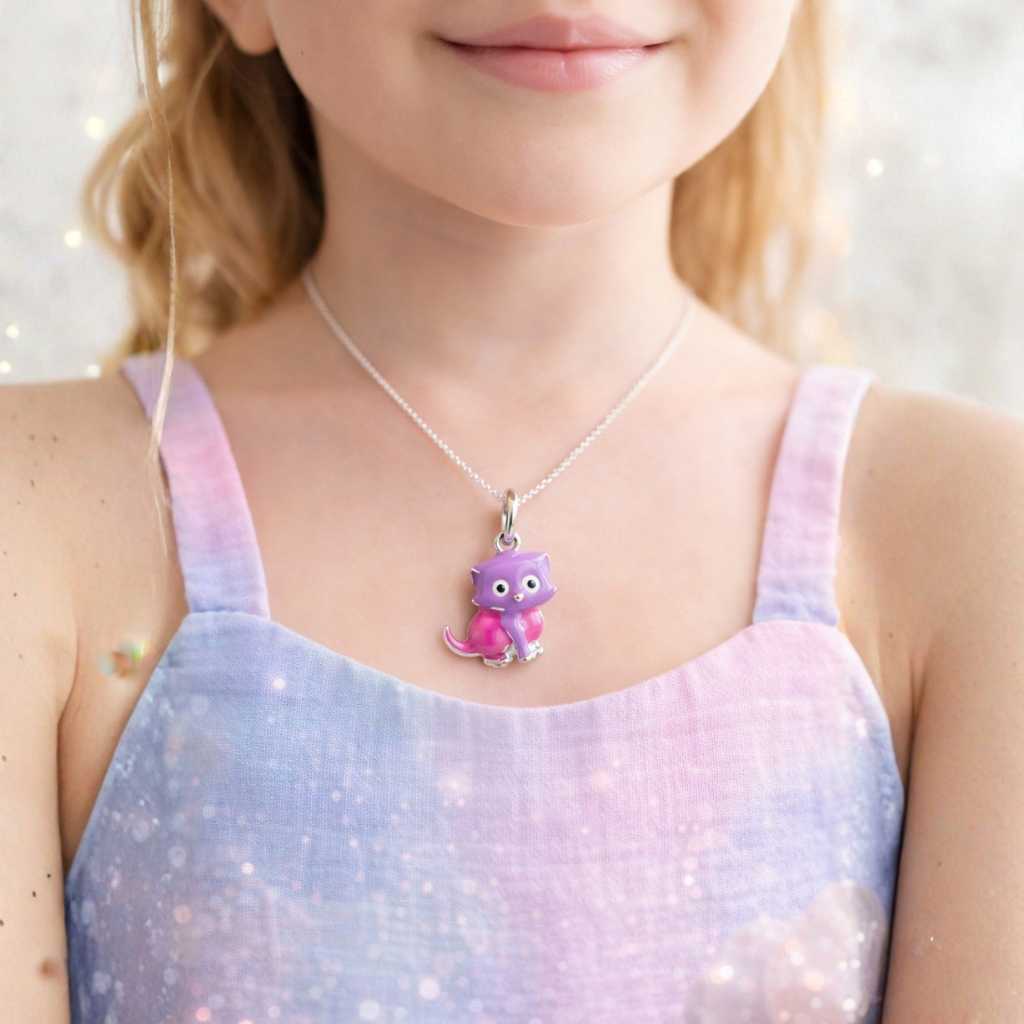 Kids pink purple enamel cat pendant necklace in 925 sterling silver