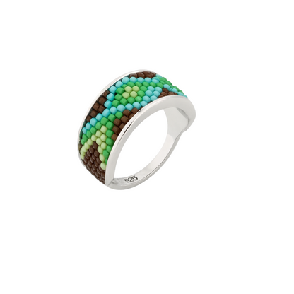 Hand-Beaded Mosaic Adjustable Ring in 92.5 Sterling Silver – Green & Turquoise