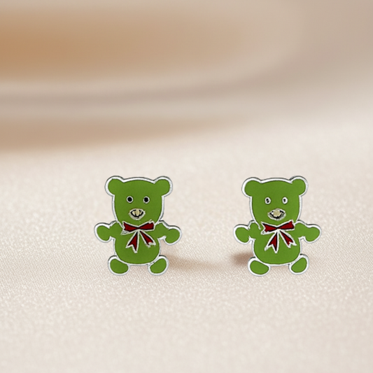 Sterling Silver Teddy Bear Stud Earrings with Green & Red Enamel