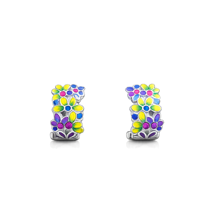 Floral Enamel Hoop Earrings in 925 Sterling Silver