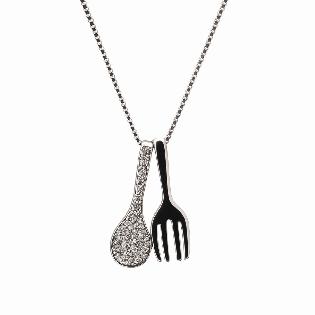 Sterling Silver Spoon & Fork Pendant Necklace with CZ! Silvanya