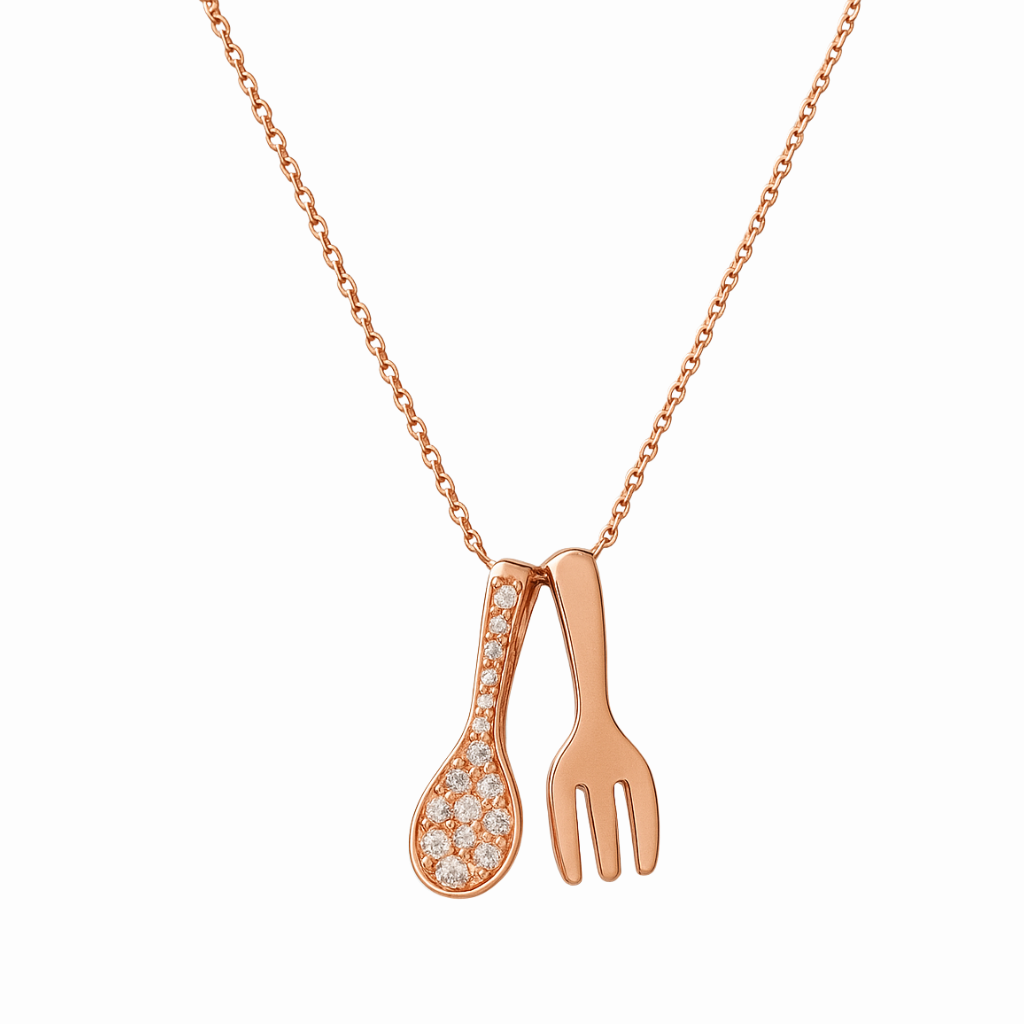 Sterling Silver Rose Gold Color Spoon & Fork Pendant Necklace with CZ! Silvanya