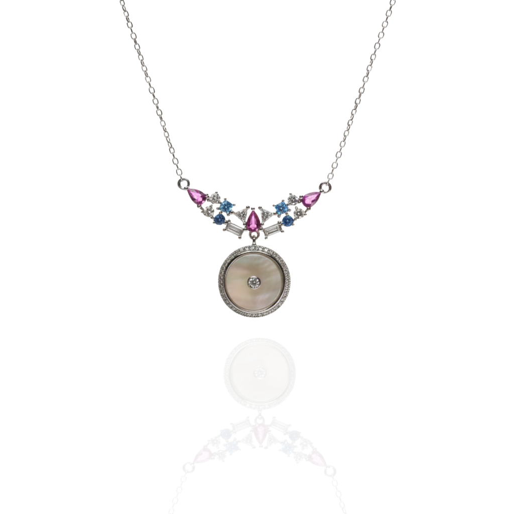 Sterling Silver Mother-of-Pearl Pendant Necklace with Pink, Blue, and White Cubic Zirconia Accents