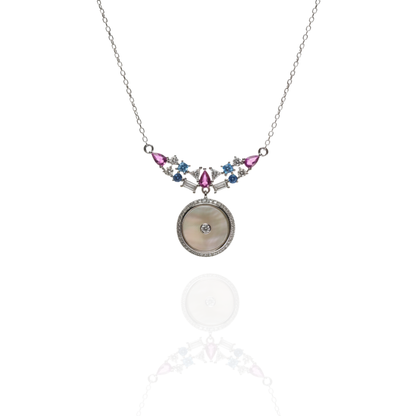 Sterling Silver Mother-of-Pearl Pendant Necklace with Pink, Blue, and White Cubic Zirconia Accents