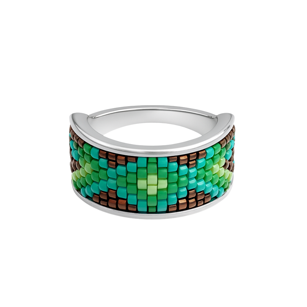 Hand-Beaded Mosaic Adjustable Ring in 92.5 Sterling Silver – Green & Turquoise