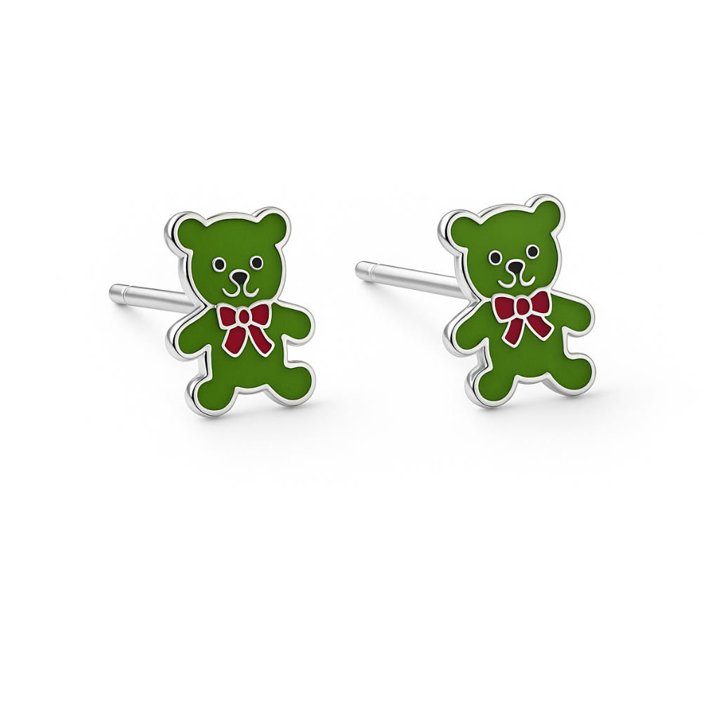 Sterling Silver Teddy Bear Stud Earrings with Green & Red Enamel