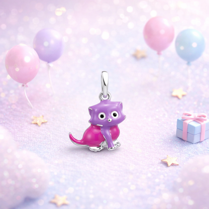 Kids pink purple enamel cat pendant necklace in 925 sterling silver