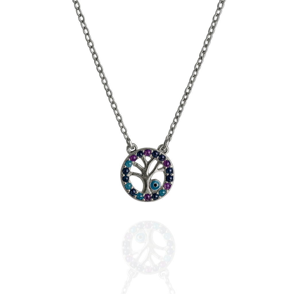 Silvanya Tree-Eye Pendant — 925 Sterling Silver Tree of Life Necklace with Blue & Purple Stones