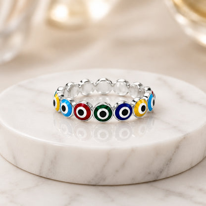 Silvanya Multi-Color Enamel Evil Eye Silver Ring