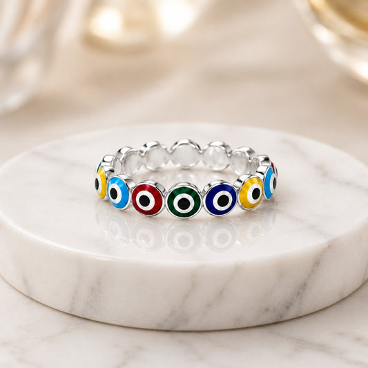 Silvanya Multi-Color Enamel Evil Eye Silver Ring