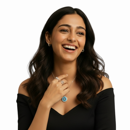 Sterling Silver Evil Eye Pendant Necklace with Blue Stone & White CZ