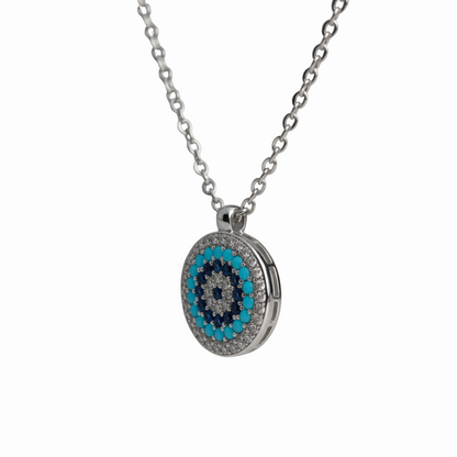 Sterling Silver Evil Eye Pendant Necklace with Blue Stone & White CZ